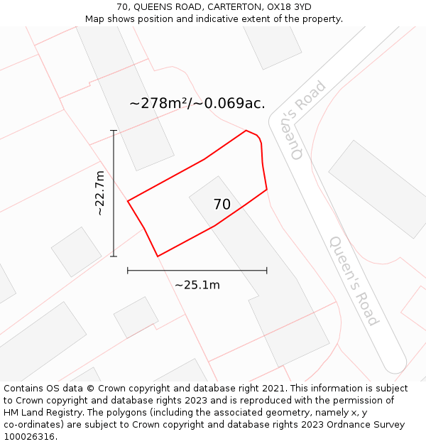 70, QUEENS ROAD, CARTERTON, OX18 3YD: Plot and title map