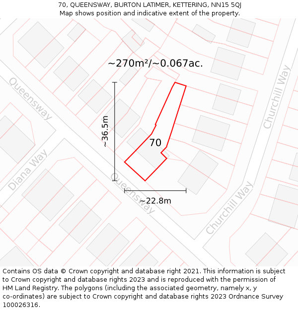 70, QUEENSWAY, BURTON LATIMER, KETTERING, NN15 5QJ: Plot and title map