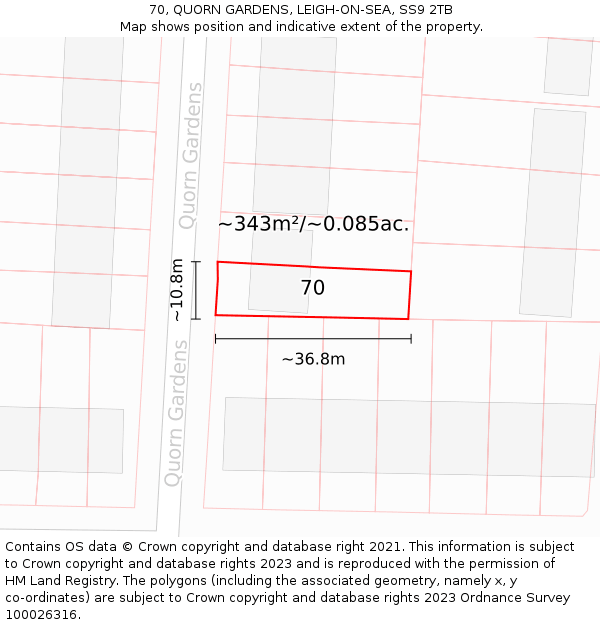 70, QUORN GARDENS, LEIGH-ON-SEA, SS9 2TB: Plot and title map