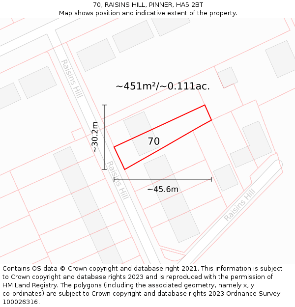 70, RAISINS HILL, PINNER, HA5 2BT: Plot and title map