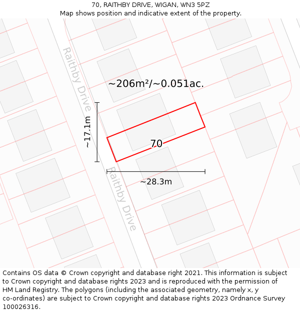 70, RAITHBY DRIVE, WIGAN, WN3 5PZ: Plot and title map