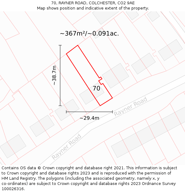 70, RAYNER ROAD, COLCHESTER, CO2 9AE: Plot and title map