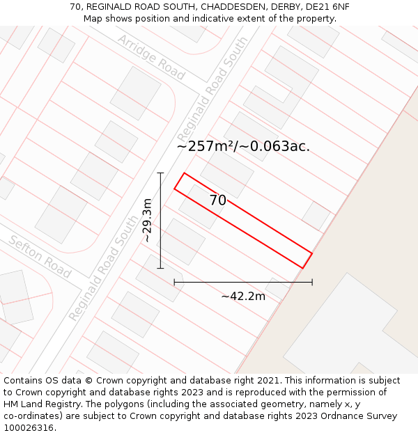 70, REGINALD ROAD SOUTH, CHADDESDEN, DERBY, DE21 6NF: Plot and title map