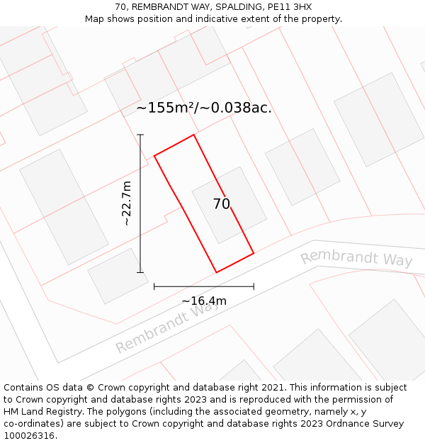 70, REMBRANDT WAY, SPALDING, PE11 3HX: Plot and title map