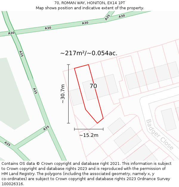 70, ROMAN WAY, HONITON, EX14 1PT: Plot and title map