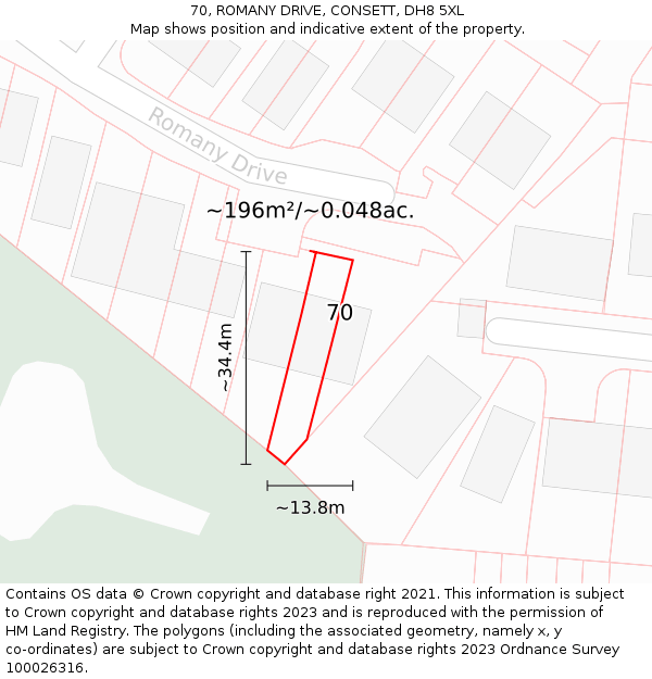 70, ROMANY DRIVE, CONSETT, DH8 5XL: Plot and title map