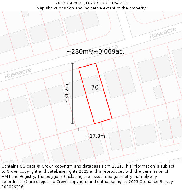 70, ROSEACRE, BLACKPOOL, FY4 2PL: Plot and title map