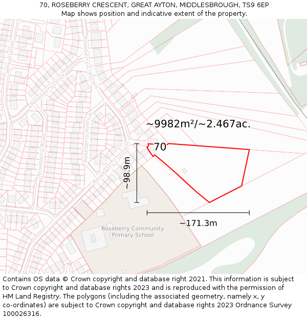 70, ROSEBERRY CRESCENT, GREAT AYTON, MIDDLESBROUGH, TS9 6EP: Plot and title map