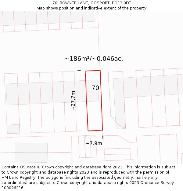 70, ROWNER LANE, GOSPORT, PO13 0DT: Plot and title map