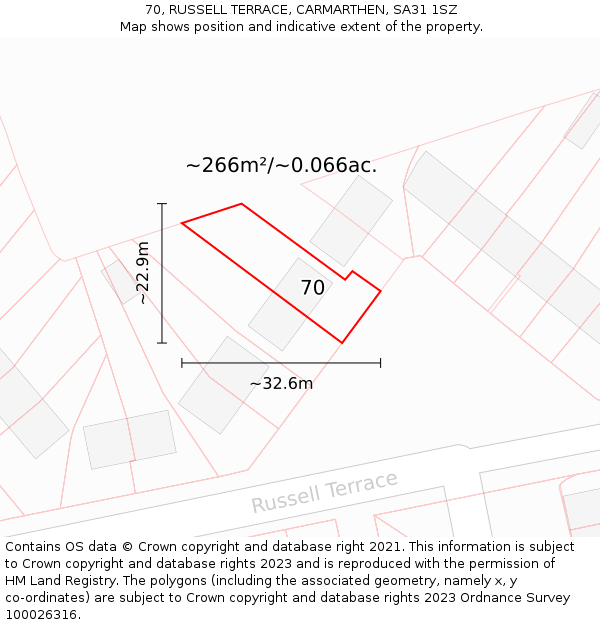 70, RUSSELL TERRACE, CARMARTHEN, SA31 1SZ: Plot and title map