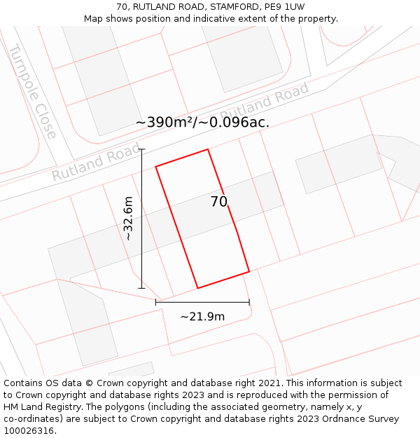 70, RUTLAND ROAD, STAMFORD, PE9 1UW: Plot and title map