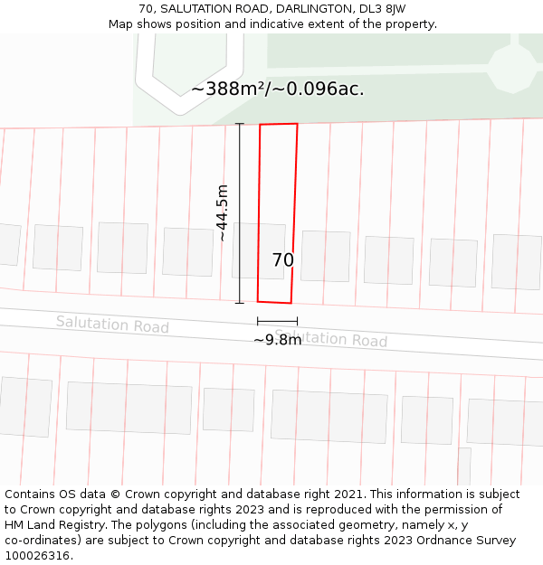 70, SALUTATION ROAD, DARLINGTON, DL3 8JW: Plot and title map