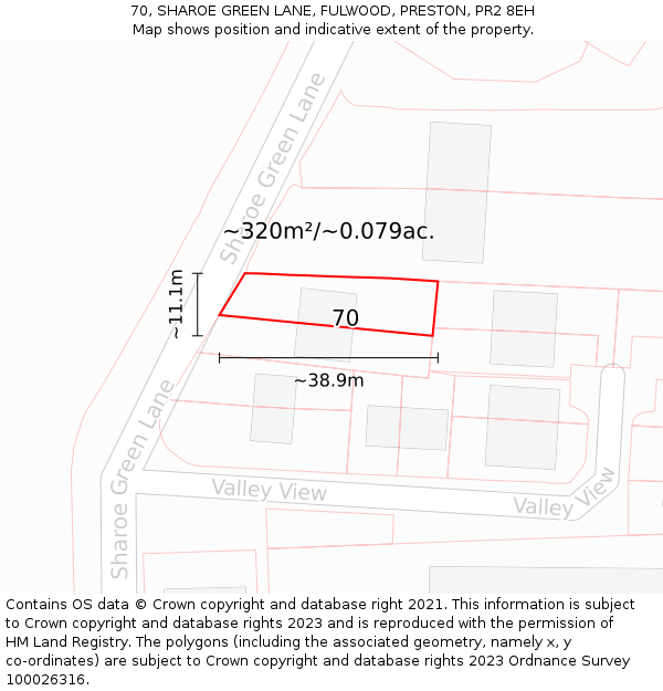 70, SHAROE GREEN LANE, FULWOOD, PRESTON, PR2 8EH: Plot and title map