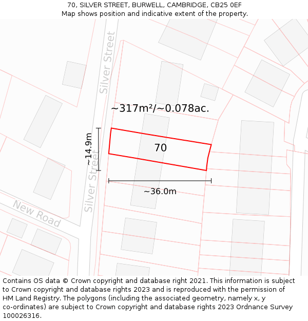 70, SILVER STREET, BURWELL, CAMBRIDGE, CB25 0EF: Plot and title map