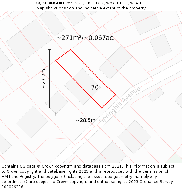 70, SPRINGHILL AVENUE, CROFTON, WAKEFIELD, WF4 1HD: Plot and title map