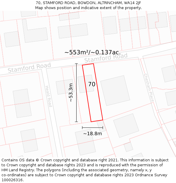 70, STAMFORD ROAD, BOWDON, ALTRINCHAM, WA14 2JF: Plot and title map