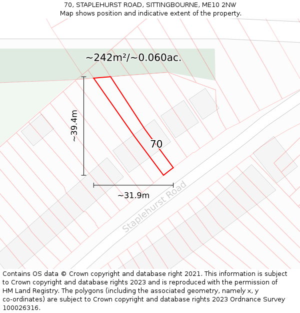 70, STAPLEHURST ROAD, SITTINGBOURNE, ME10 2NW: Plot and title map