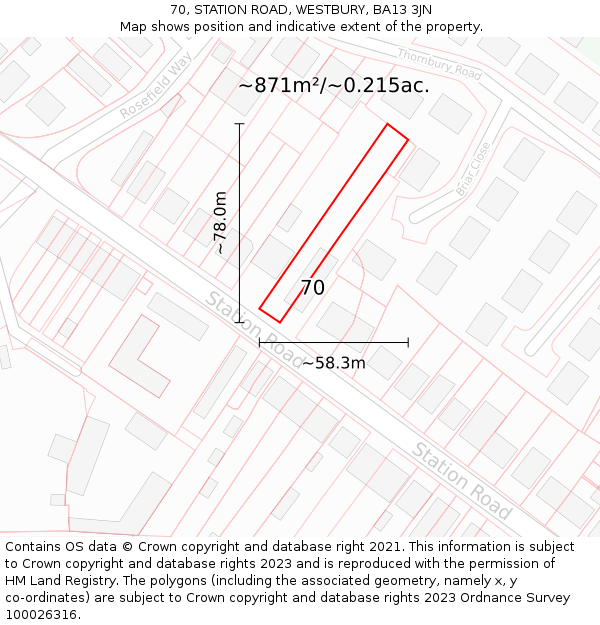 70, STATION ROAD, WESTBURY, BA13 3JN: Plot and title map