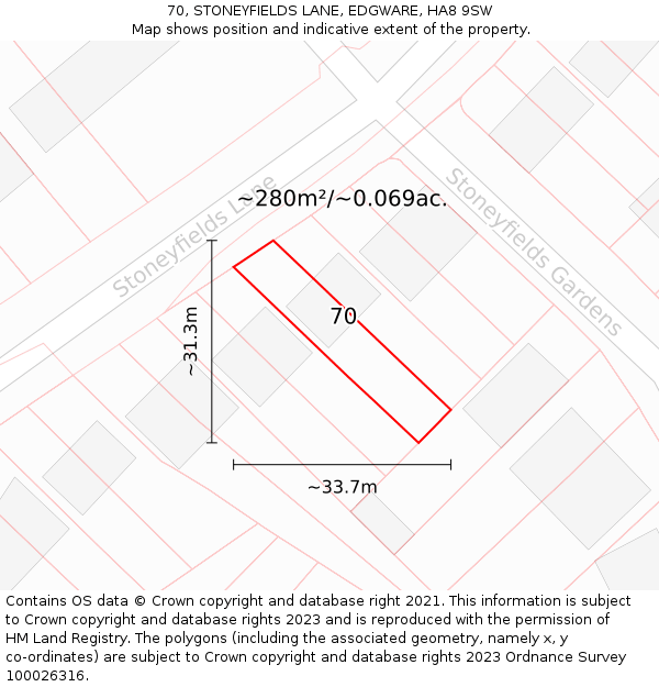 70, STONEYFIELDS LANE, EDGWARE, HA8 9SW: Plot and title map