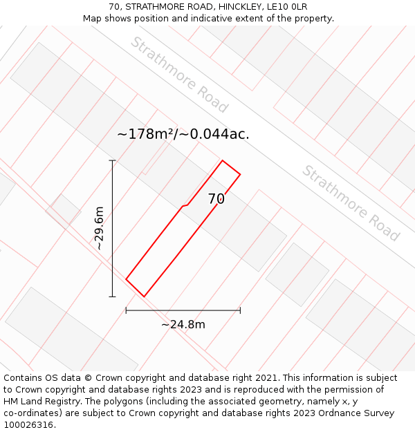 70, STRATHMORE ROAD, HINCKLEY, LE10 0LR: Plot and title map