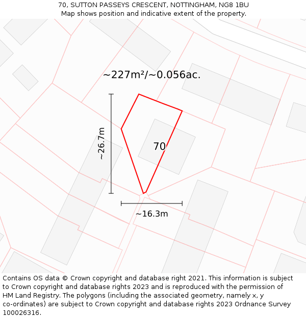 70, SUTTON PASSEYS CRESCENT, NOTTINGHAM, NG8 1BU: Plot and title map