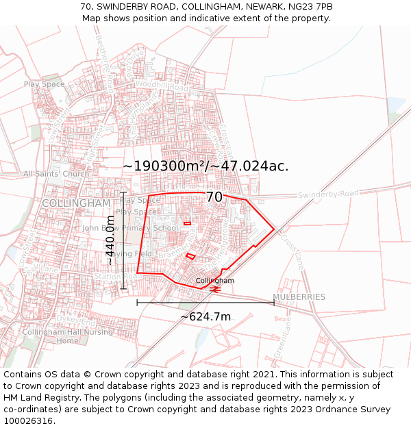 70, SWINDERBY ROAD, COLLINGHAM, NEWARK, NG23 7PB: Plot and title map