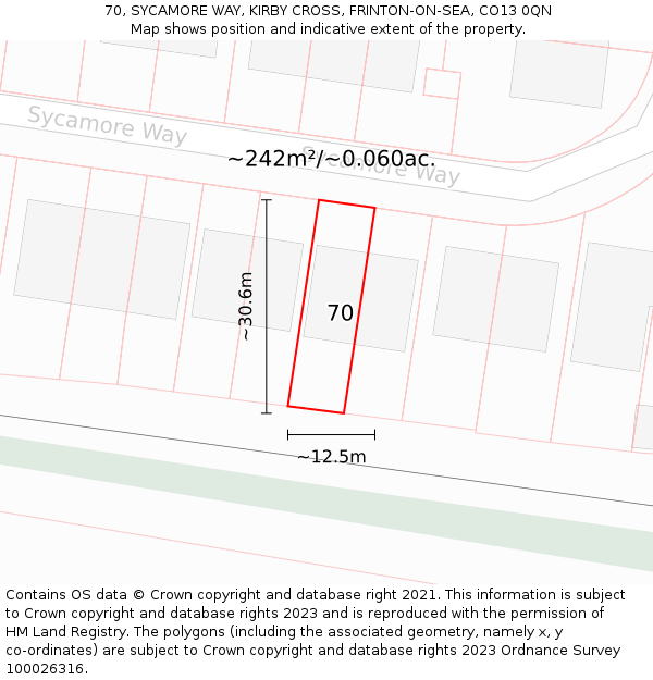 70, SYCAMORE WAY, KIRBY CROSS, FRINTON-ON-SEA, CO13 0QN: Plot and title map