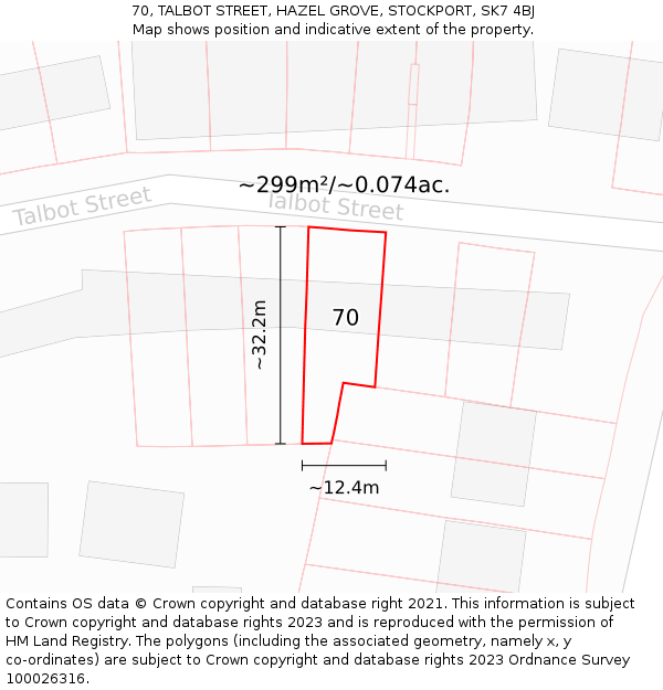 70, TALBOT STREET, HAZEL GROVE, STOCKPORT, SK7 4BJ: Plot and title map