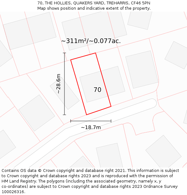 70, THE HOLLIES, QUAKERS YARD, TREHARRIS, CF46 5PN: Plot and title map