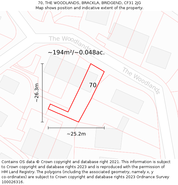 70, THE WOODLANDS, BRACKLA, BRIDGEND, CF31 2JG: Plot and title map