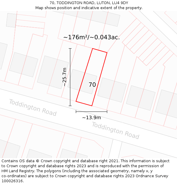 70, TODDINGTON ROAD, LUTON, LU4 9DY: Plot and title map