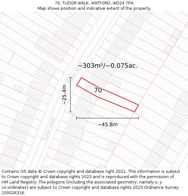 70, TUDOR WALK, WATFORD, WD24 7PA: Plot and title map