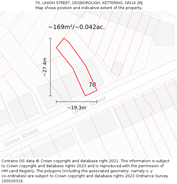 70, UNION STREET, DESBOROUGH, KETTERING, NN14 2RJ: Plot and title map