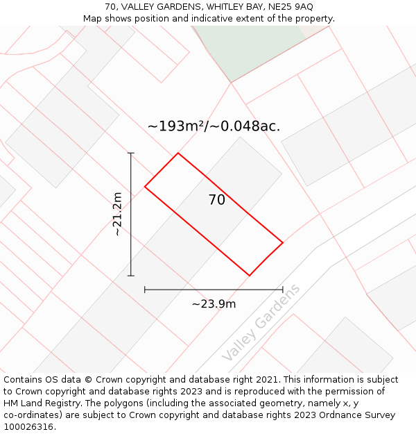 70, VALLEY GARDENS, WHITLEY BAY, NE25 9AQ: Plot and title map