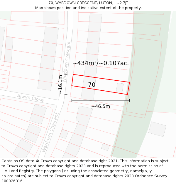 70, WARDOWN CRESCENT, LUTON, LU2 7JT: Plot and title map