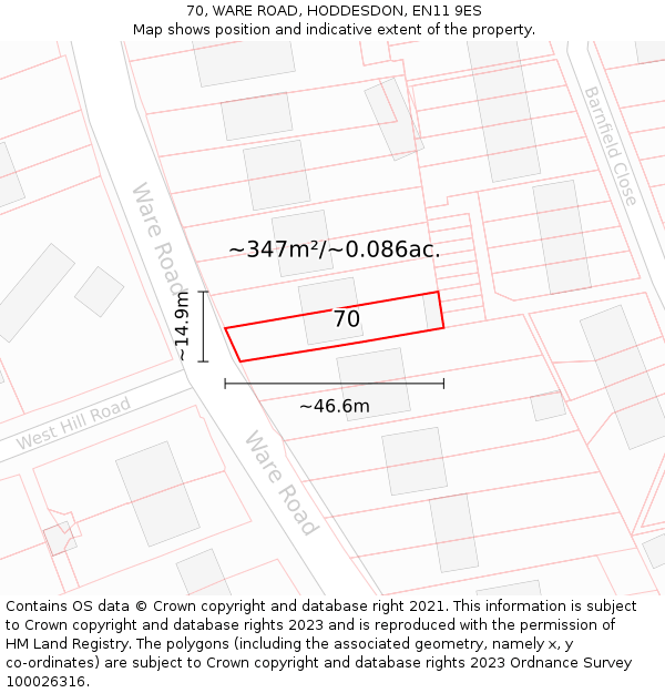 70, WARE ROAD, HODDESDON, EN11 9ES: Plot and title map