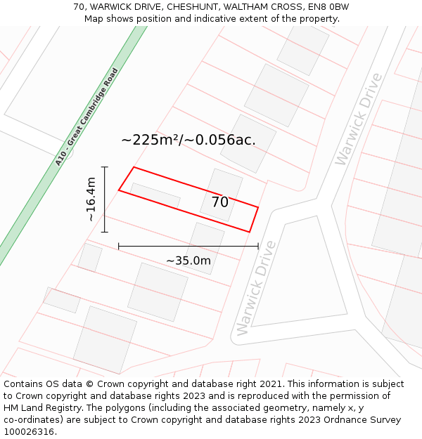 70, WARWICK DRIVE, CHESHUNT, WALTHAM CROSS, EN8 0BW: Plot and title map