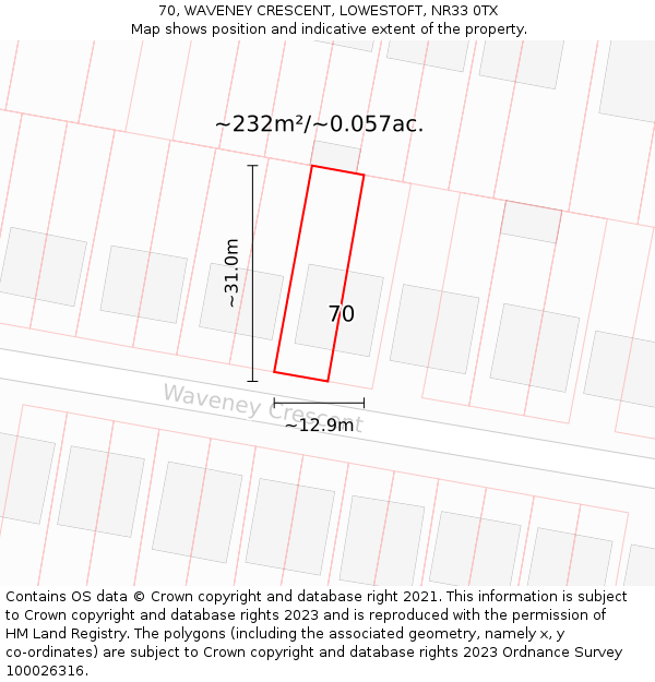 70, WAVENEY CRESCENT, LOWESTOFT, NR33 0TX: Plot and title map