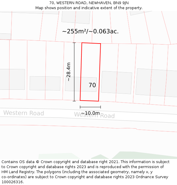 70, WESTERN ROAD, NEWHAVEN, BN9 9JN: Plot and title map