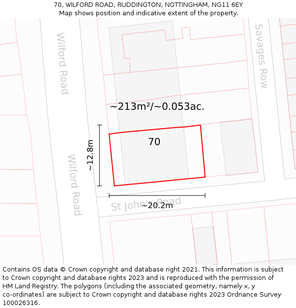 70, WILFORD ROAD, RUDDINGTON, NOTTINGHAM, NG11 6EY: Plot and title map