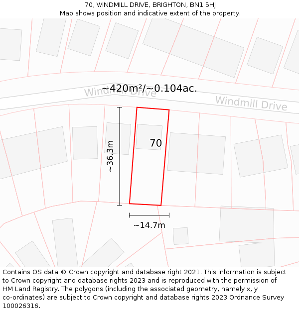 70, WINDMILL DRIVE, BRIGHTON, BN1 5HJ: Plot and title map