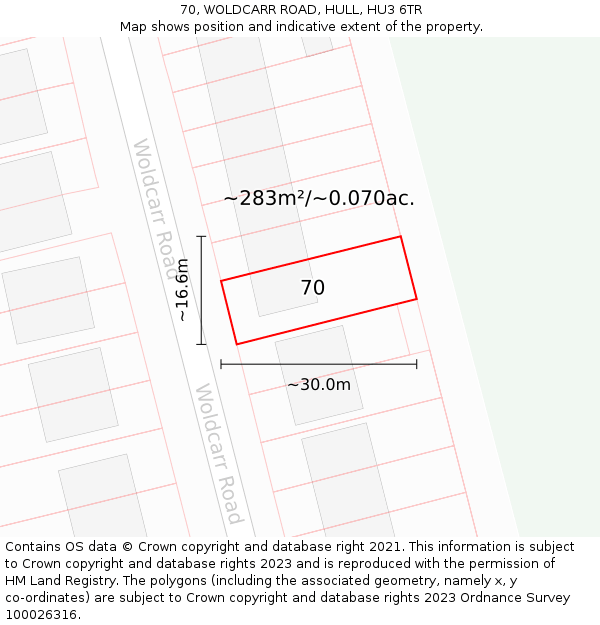 70, WOLDCARR ROAD, HULL, HU3 6TR: Plot and title map