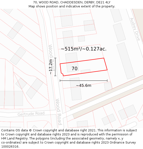 70, WOOD ROAD, CHADDESDEN, DERBY, DE21 4LY: Plot and title map