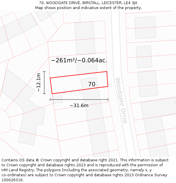 70, WOODGATE DRIVE, BIRSTALL, LEICESTER, LE4 3JX: Plot and title map