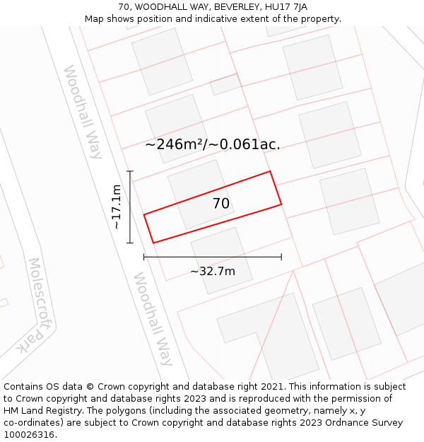 70, WOODHALL WAY, BEVERLEY, HU17 7JA: Plot and title map