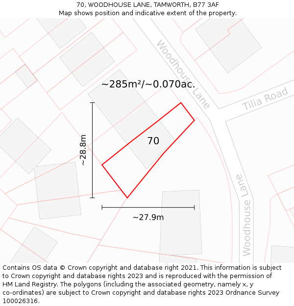 70, WOODHOUSE LANE, TAMWORTH, B77 3AF: Plot and title map