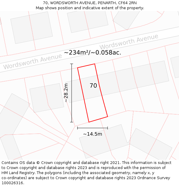 70, WORDSWORTH AVENUE, PENARTH, CF64 2RN: Plot and title map