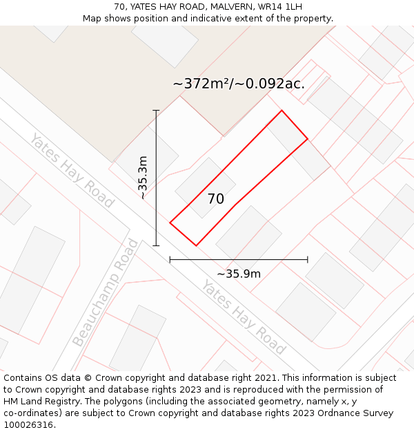 70, YATES HAY ROAD, MALVERN, WR14 1LH: Plot and title map