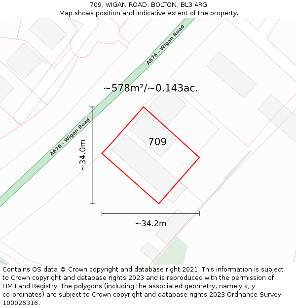 709, WIGAN ROAD, BOLTON, BL3 4RG: Plot and title map