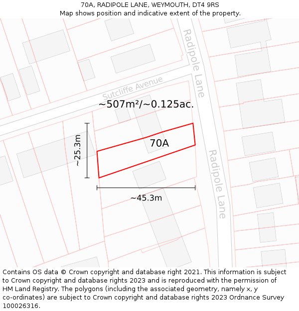 70A, RADIPOLE LANE, WEYMOUTH, DT4 9RS: Plot and title map